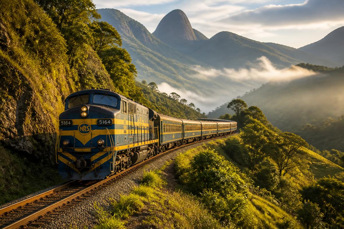 Trem chegando a Barão de Cocais entre a serra e a mata